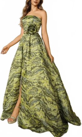 Terani Couture Lava Jacquard Sleeveless High Slit Evening Ballgown In Green