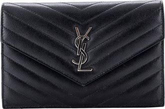 Saint Laurent Black Matelasse Chevron Leather Classic Monogram Wallet On Chain Small (Authentic Pre-Loved)