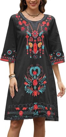 JD Williams Womens Bohemian Embroidered Dress Hippy Vintage Floral 3/4 Sleeve Round Neck Mexican Fancy Dress(788,Black-3XL)