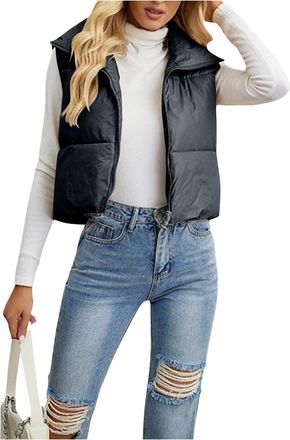 Generic Womens Winter Slim Short Gilet Ladies Cropped Puffer Vest Warm Short Waistcoat for Women Casual Sleeveless Jacket,Black,M,u242k