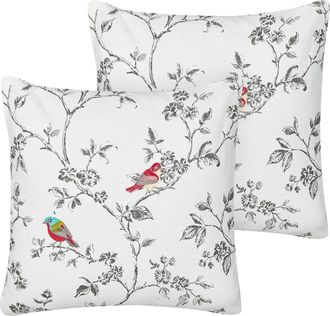 Beliani Conjunto De 2 Cojines De Algod&oacute;n Bordado P&aacute;jaros 45 X 45 Cm Blanco Dillenia