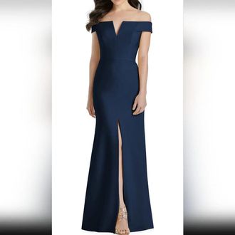 The Dessy Group Notched Off-the-Shoulder Crepe Gown - Midnight