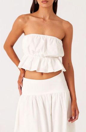 SNDYS Nesa Strapless Linen & Cotton Peplum Crop Top in White at Nordstrom, Size X-Small