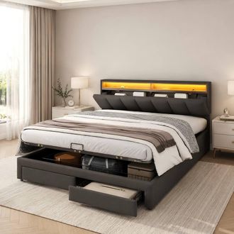 Merax Grey 5ft King Size LED Ottoman Storage Bed with 2 Drawers