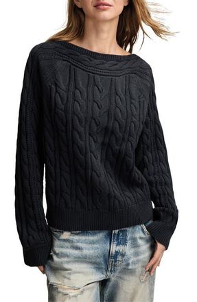 Lucky Brand Cable Stitch Boat Neck Cotton Sweater in Midnight Navy at Nordstrom, Size X-Small