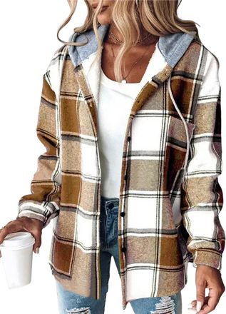 Generic Womens Plaid Button Down Fleece Lined Hooded Lightweight Casual Jackets Warm Coat (BROWN,L)