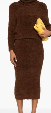Self Portrait Fluffy Knit Midi Skirt In Brown