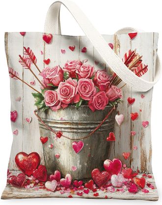 Generic Valentines Floral Canvas Tote Bags, Heart Pattern Reusable Grocery Bags, Vintage Romantic Lightweight Washable Shoulder Strap Canvas for Travel Beach 