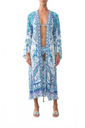 Camilla Silk Blouson Sleeve Layer Coverup In Isnik Lullaby