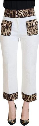 Dolce & Gabbana Witte broek met hoge taille en luipaardprint - Dames - Vrijetijds broeken - Wit - 2XS - Katoen - Broeken