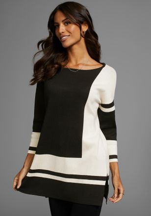 Laura Scott Longpullover LAURA SCOTT, Damen, Gr. 34, schwarz (schwarz, gemustert), Feinstrick, Obermaterial: 70% Viskose, 30% Polyamid, colorblocking, mehrfarbig,