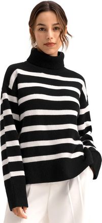 LilySilk Oversized Sweater for Women 100% Merino Wool with Stripes & Turtleneck Pullover Sweatshirt for Fall Winter(Black&White Stripes,L)