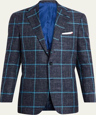 Kiton Mens Windowpane Cashmere, Wool and Silk Sport Coat