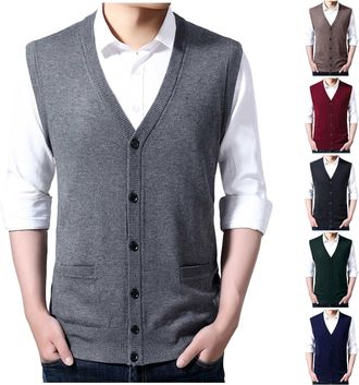 Generic Seeveless Jumpers for Men UK Lightweight Knitted Gilets Casual Knitted Waistcoats Buttons Down V-Neck Sweater Vests Ribbed Crochet Sleeveless Cardigan