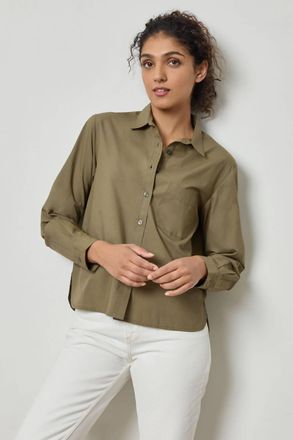 Lilla P Poplin Button Down Top In Olive