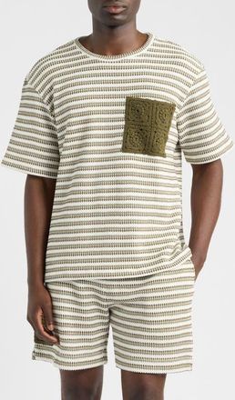 CH&Eacute; Studios Mathias Stripe Jacquard Pocket T-Shirt in Khaki- 03 at Nordstrom, Size Xx-Large