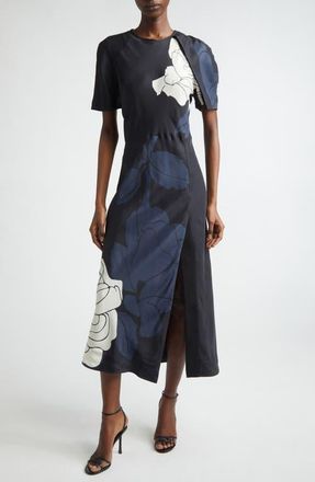 Victoria Beckham Floral Print Split Hem Midi Dress in Dark Navy Pale Rose at Nordstrom, Size 2 Us