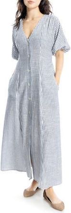 Max Studio Puff Short Sleeve Button Front Maxi Dress in Nvy/Off Wht Ang Stripe at Nordstrom Rack, Size Medium