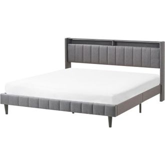 Beliani Cama Led Tapizada En Tela 180 X 200 Cm Con Cabecero De Almacenaje Y Luces Led Usb Gris Oscuro Beaulieu