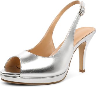 EDEFS Silver Peep Toe Heels Slingback Matte Leather 3.5 Inches Durable Build - Office & Cocktail Wear UK9