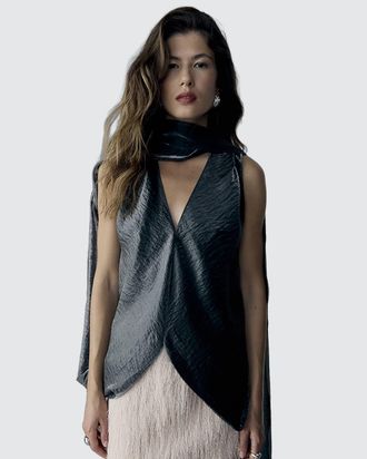 River Island Womens Top RI Studio Silver Cape Scarf Neck Flowy - Size 16 UK