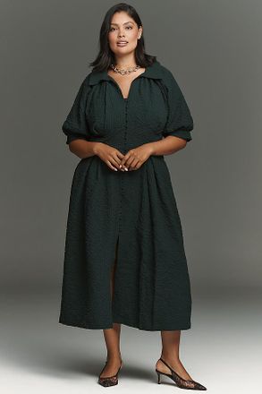 English Factory Puff-Sleeve Textured Midi Shirt Dress