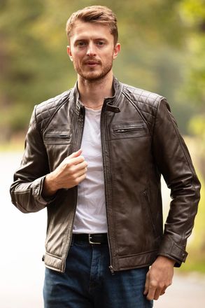 Ashwood Leather Mens Bronx Real Biker Jacket - Dark Brown - Size Medium