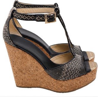 Jimmy Choo London Pela Cork Wedge T-Strap Sandals in Black Leather