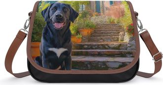 Generic Black Labrador Dog Womens Leather Crossbody Bags with Adjustable Strap Casual Printed Shoulder Handbag