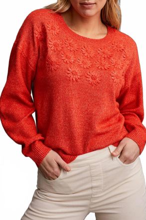 Tribal Long Sleeve Crew Neck Sweater With Embroidery In Crimson
