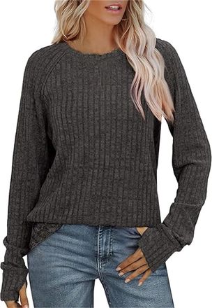 Generic Womens Long Sleeve Knitted Jumper Loose Casual Pullover with Ribbed Details Thumb Holes Solid Tunic Style Tops for UK Ladies Winter Jumpers for Women 