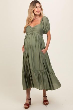 Pinkblush Ruched Sweetheart Neck Tiered Midi Dress in Olive Green at Nordstrom, Size Medium