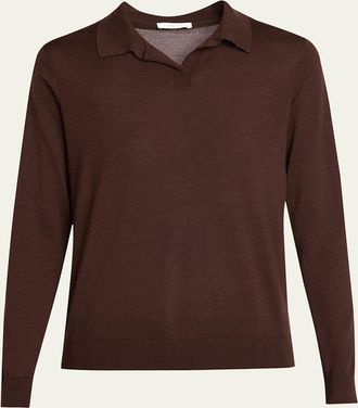 The Row Pauli Wool-Silk Jersey Long-Sleeve Polo Top