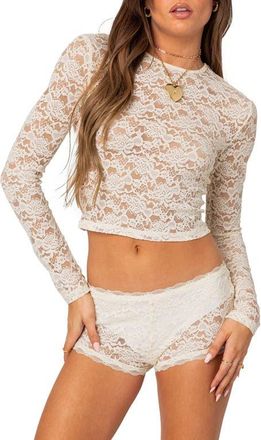 Edikted Estella Sheer Lace Crop Top in Cream at Nordstrom, Size X-Small