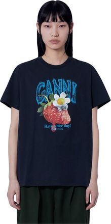 Ganni Fruit Logo Katoenen T-Shirt - Dames - Tops - Zwart - Maat: S Katoen