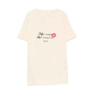 Liu Jo Tops, Dames, Beige, XS, Katoen, T-shirt met Kristallen