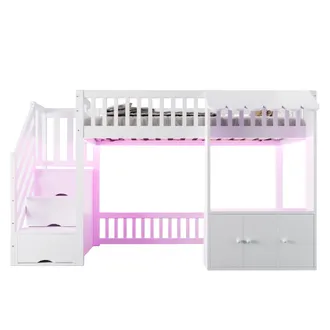 STILVORA Letto A Soppalco 90 X 200 Cm Con Scala Di Stoccaggio, Led Multicolore, Senza Materasso, In Legno Massiccio E Mdf, Bianco
