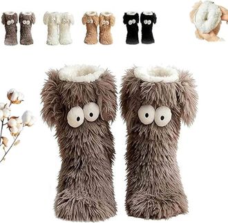 Generic Muffle Friends Cozy Socks, Womens Winter Warm Fuzzy Non-Slip Slipper Socks with Cute Big Eyes - Soft Thick Fleece Floor Socks for Cold Weather (Gray)