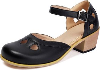 Generic Womens Cutout Round Toe Ankle Strap Pumps Adjustable Buckle Chunky Wood Heel Smooth Upper Two-Tone Sole Soft Insole Breathable Comfortable Shoes,Black