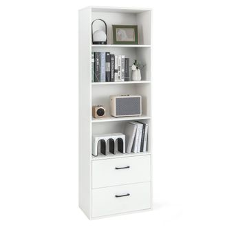 Costway Costway 6-Tier Tall Bookshelf Wood Bookcase Organizer Display Storage Shelf W/ 2 Drawers in White