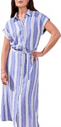 Tribal Linen Blend Short Sleeve Dress In Blue White Stripe