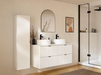 Vente-Unique Mobile per bagno sospeso con scanalature con lavabo da appoggio rotondo e colonna - Bianco opaco - 120 cm - ZEVINI