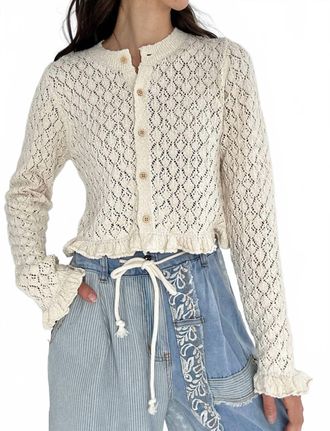 Peach Love California Eyelet Knit Ruffle Hem Cardigan In White