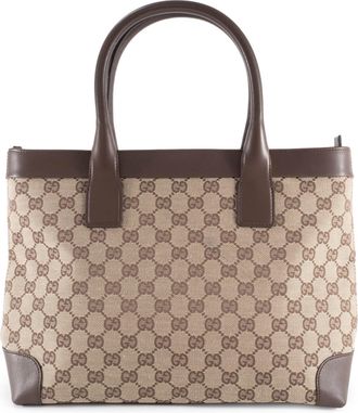 Gucci Gg Canvas Beige Brown Gg Canvas Leather Tote Bag (Pre-Owned)