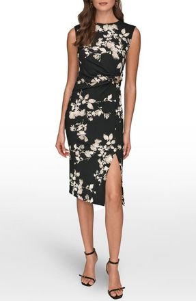 DKNY Floral Side Ruched Sheath Dress in Black Multi at Nordstrom, Size 10
