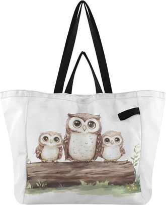 Generic Brown Owl Family print Reusable Canvas Tote Bag, Heavy Duty Grocery Shopping Bag with Double Handles Hard Bottom Large Capacity Work Groceries Travel