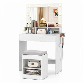 Costway Costway Makeup Vanity Desk Set w/Mirror &Lights Dressing Table w/Stool &Drawer in White