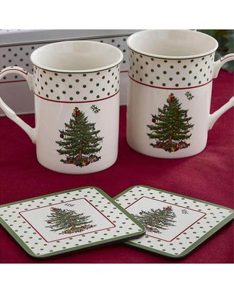 Spode Christmas Tree Polka Dot 4Pc Mug & Coaster Set
