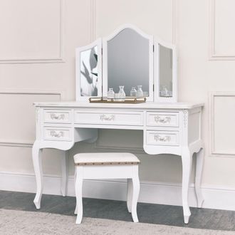 Melody Maison Antique White Dressing Table Desk With Triple Mirror & Stool - Pays Blanc Range