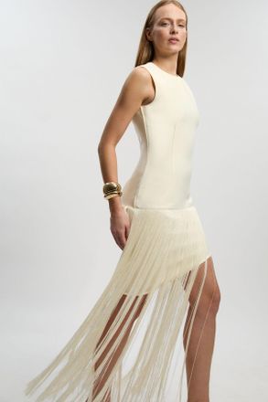 Karen Millen Womens Figure Form Bandage Tassel Hem Knitted Dress - White - Size 16 UK